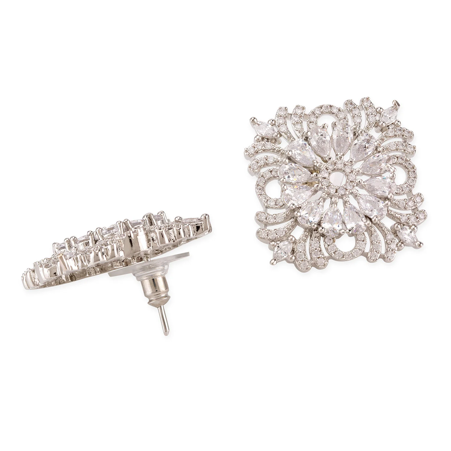 American Diamond CZ Silver Plated Brass Stud Earrings - Image 4