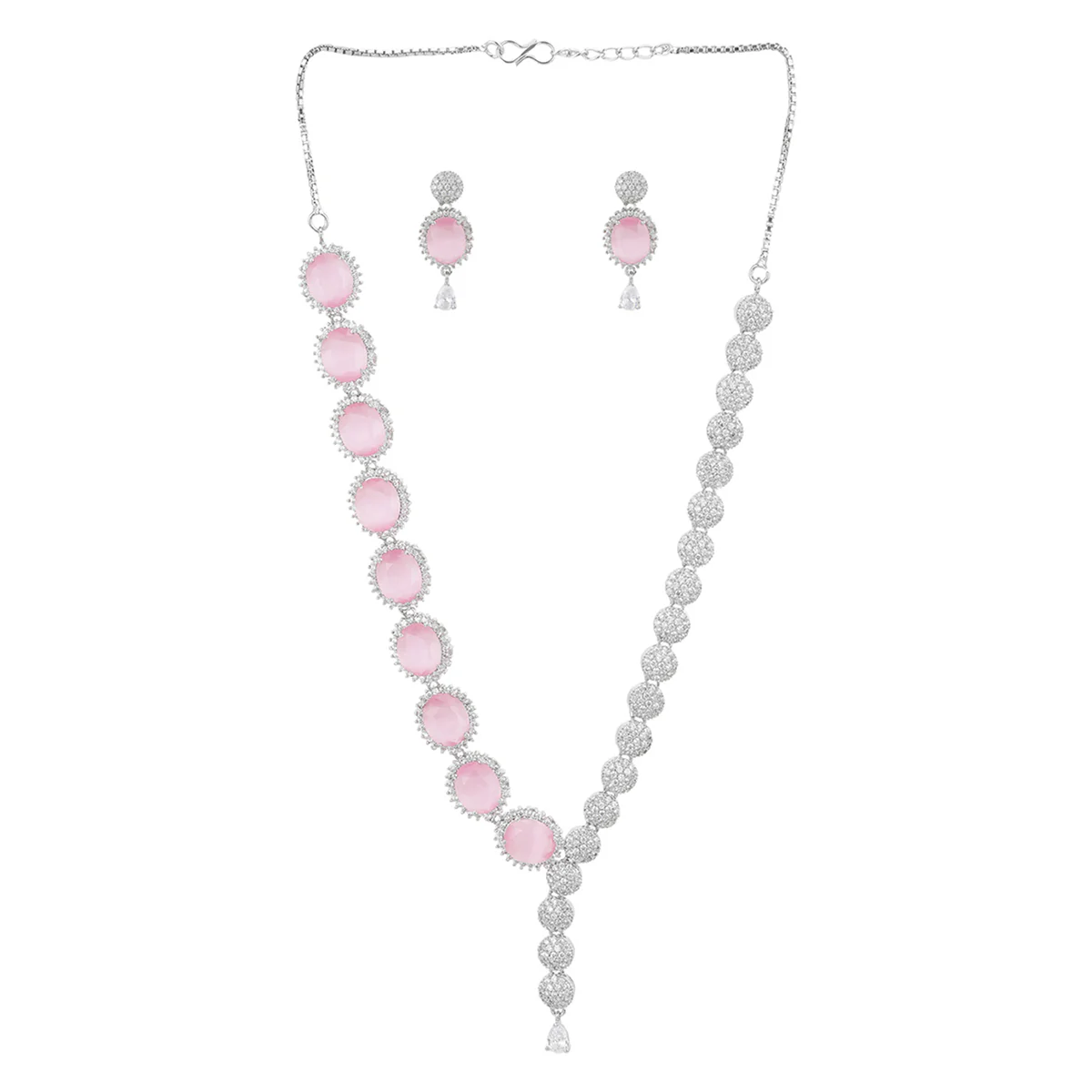 CZ Silver Plated Necklace Set with Pink Stones - Image 3