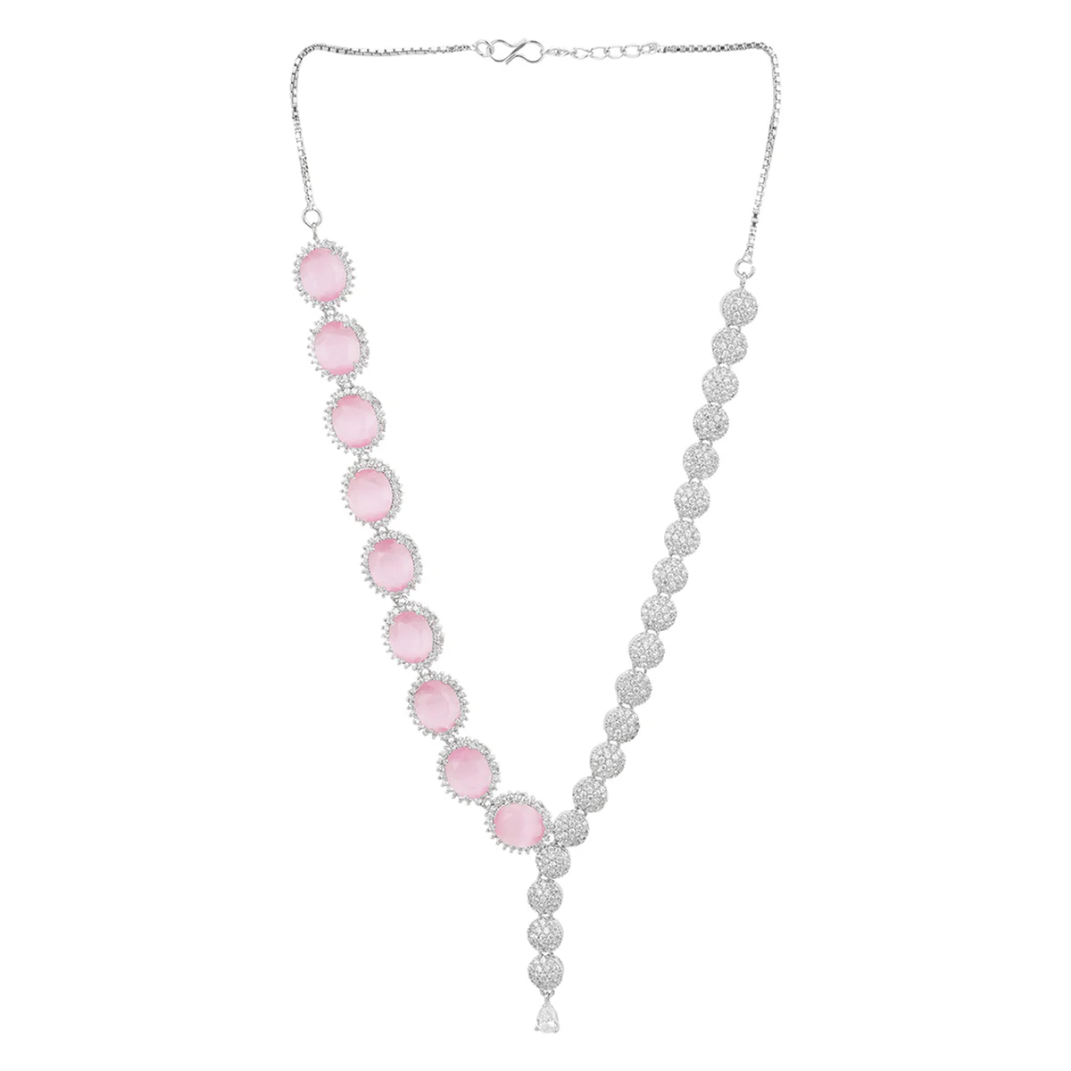 CZ Silver Plated Necklace Set with Pink Stones - Image 4