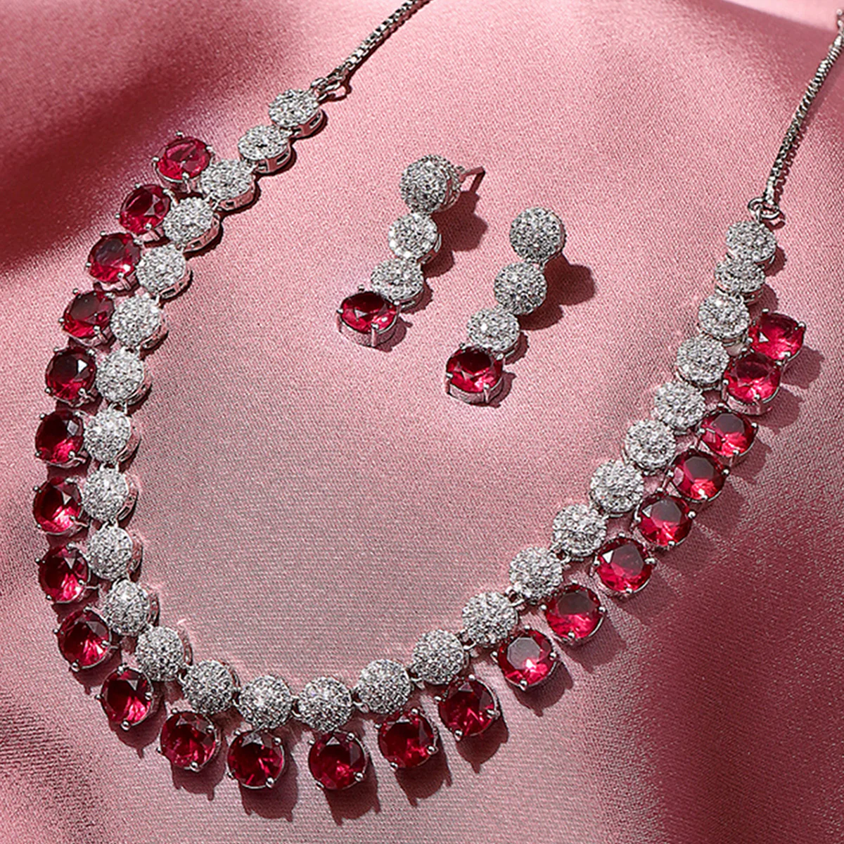 CZ Silver Plated Necklace Set with Red Stones