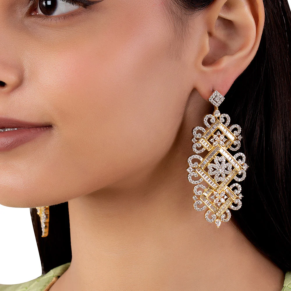 American Diamond CZ Traditional Gold Plated Brass Earrings - Image 2