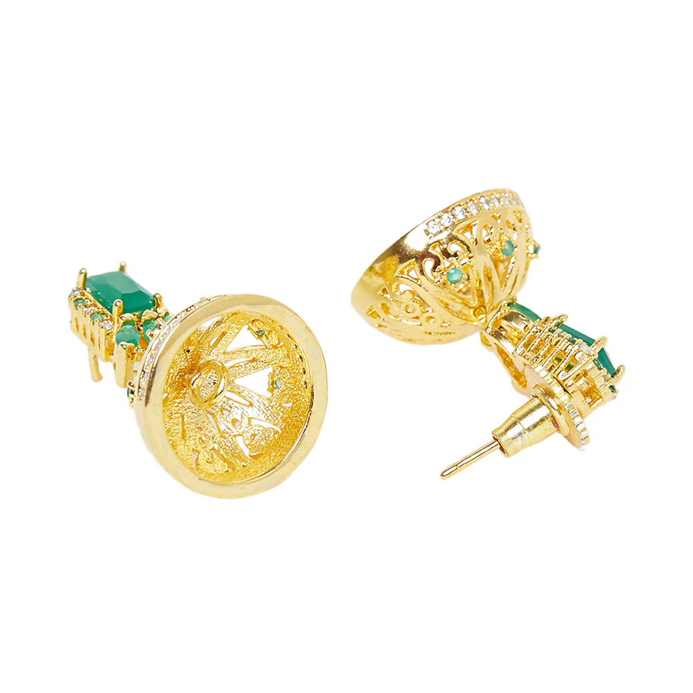 American Diamond CZ Traditional Gold Plated Green & White Brass Jhumka Earrings for Women - Image 4