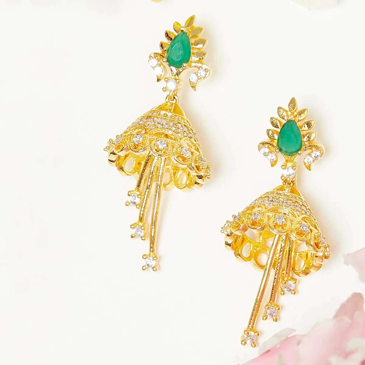 American Diamond CZ Traditional Gold Plated Green & White Brass Jhumka Earrings for Women