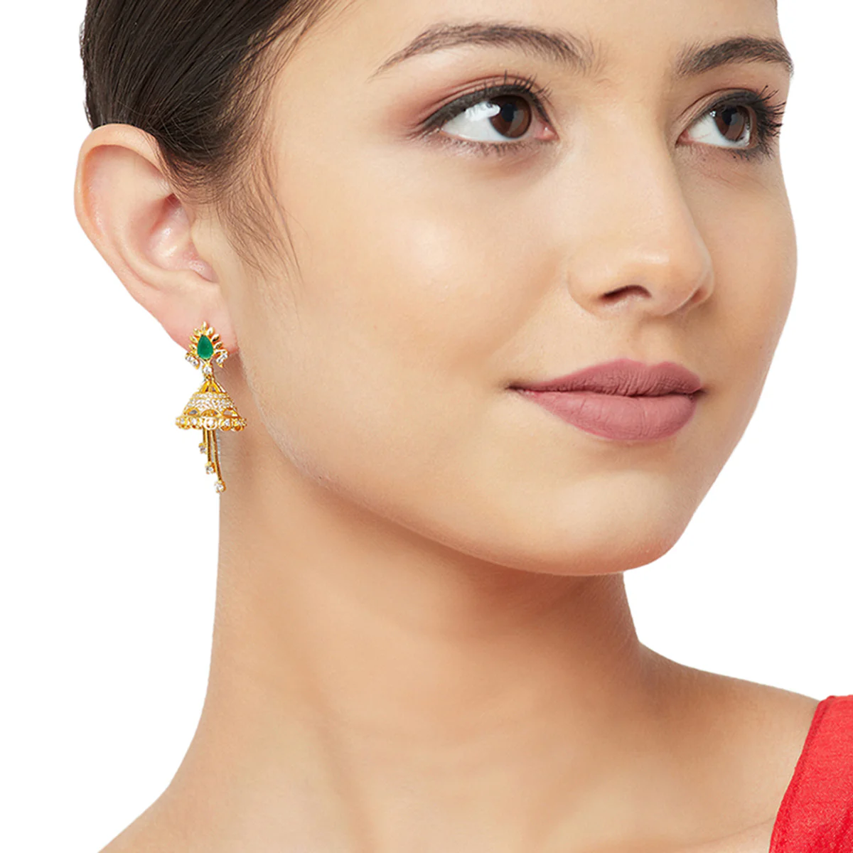 American Diamond CZ Traditional Gold Plated Green & White Brass Jhumka Earrings for Women - Image 2