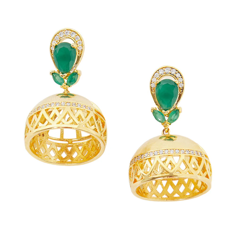 American Diamond CZ Traditional Gold Plated Green & White Brass Jhumka Earrings for Women - Image 3