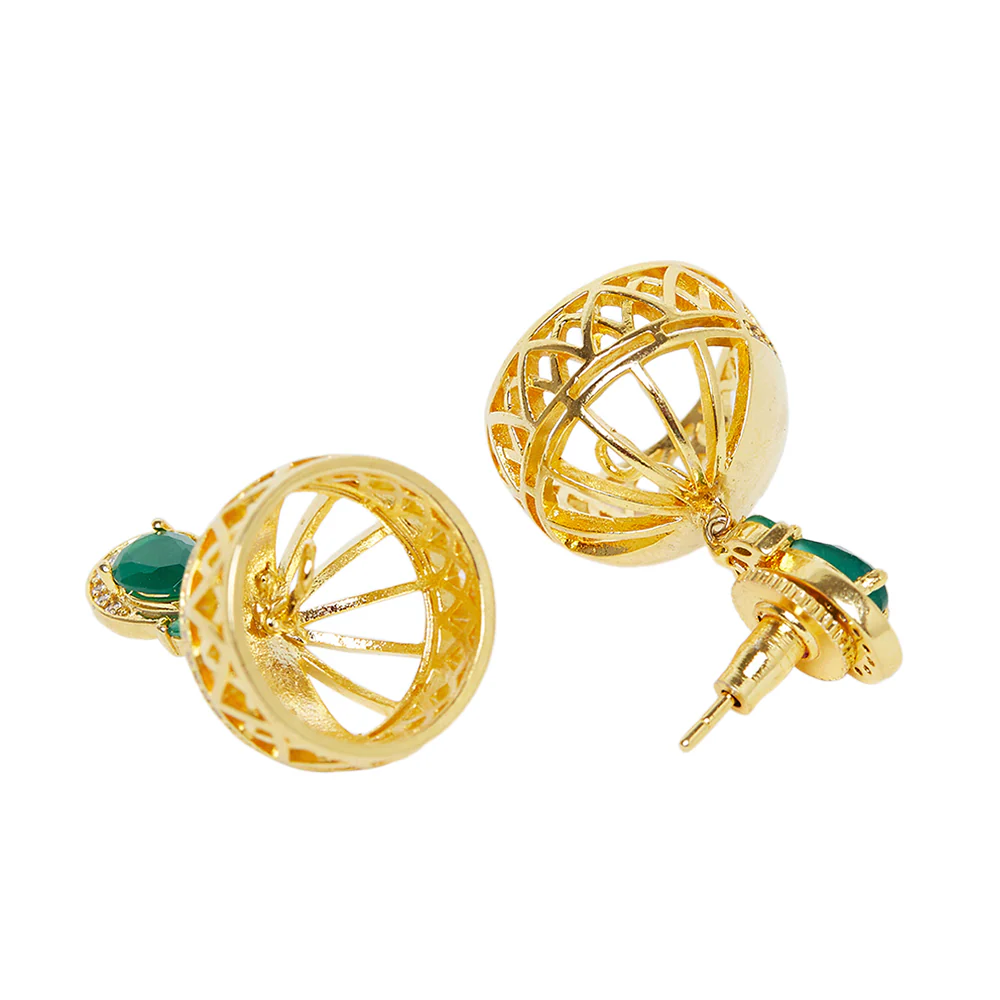 American Diamond CZ Traditional Gold Plated Green & White Brass Jhumka Earrings for Women - Image 4