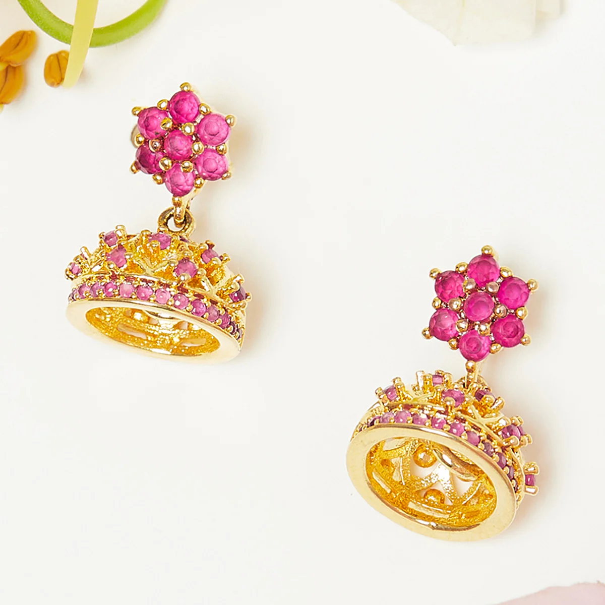 American Diamond CZ Traditional Gold Plated Red Brass Jhumka Earrings for Women