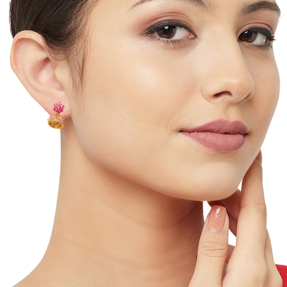 American Diamond CZ Traditional Gold Plated Red Brass Jhumka Earrings for Women - Image 2