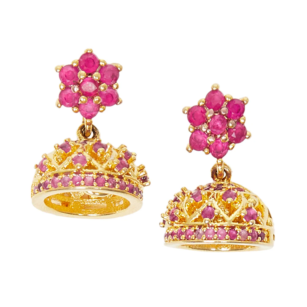 American Diamond CZ Traditional Gold Plated Red Brass Jhumka Earrings for Women - Image 3