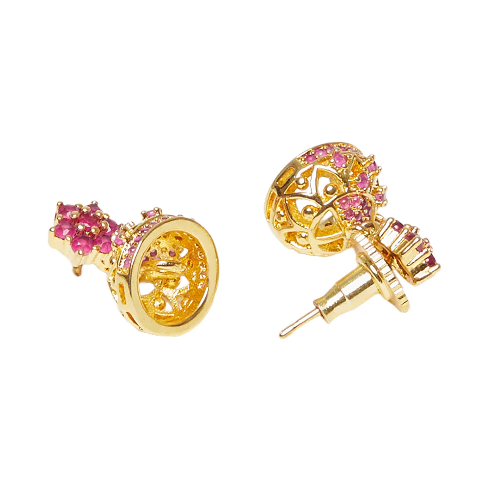 American Diamond CZ Traditional Gold Plated Red Brass Jhumka Earrings for Women - Image 4