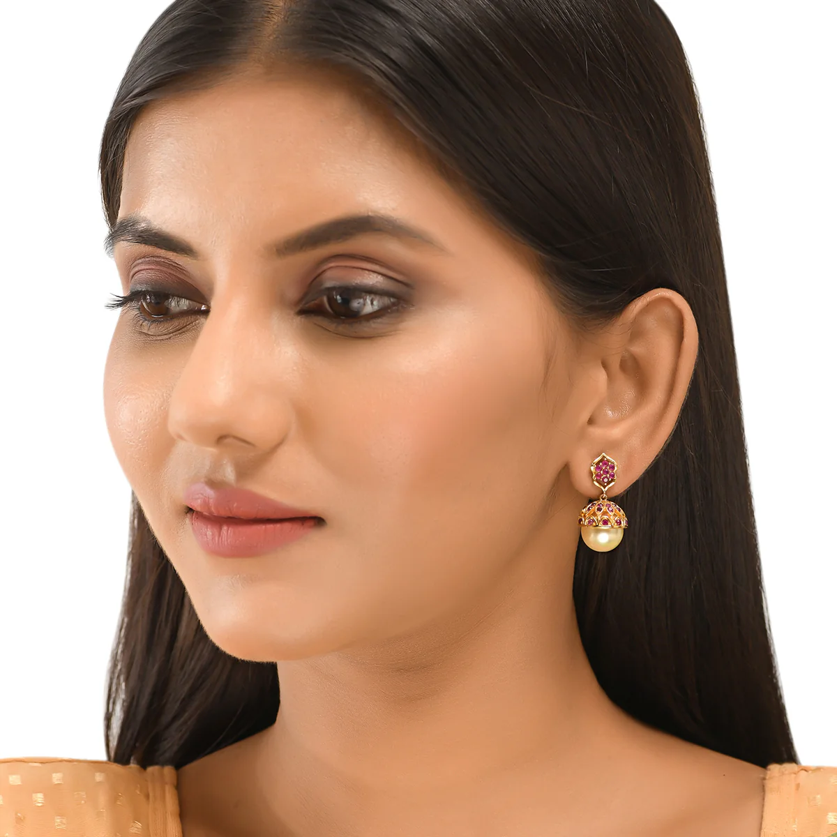 CZ Traditional Gold Plated Red Jhumka Earrings - Image 2