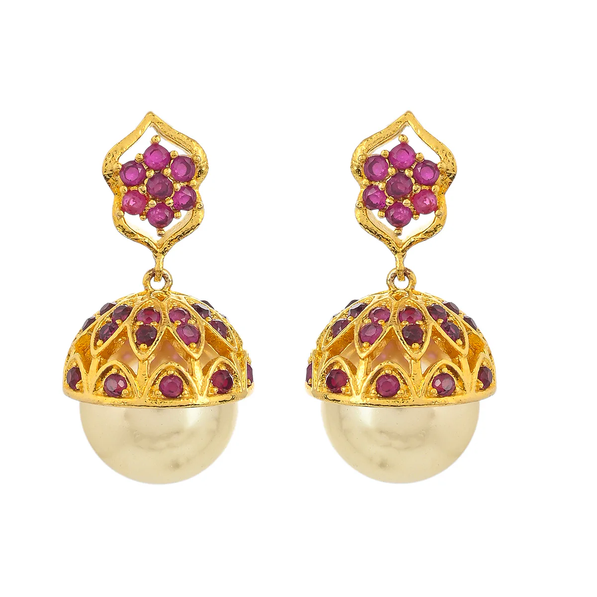 CZ Traditional Gold Plated Red Jhumka Earrings - Image 3