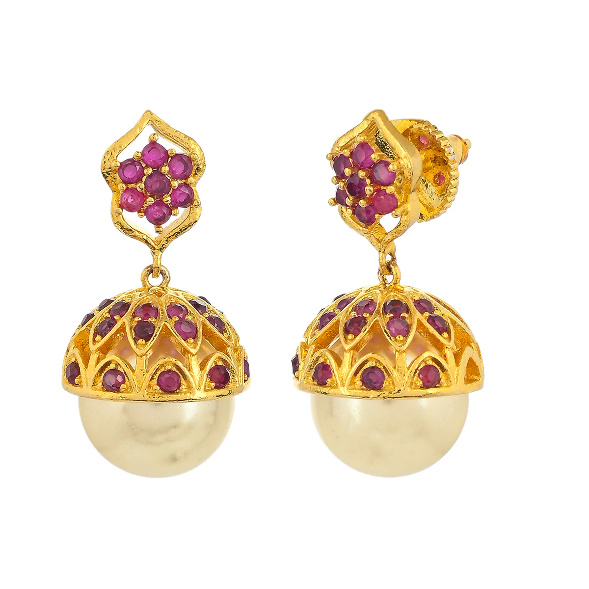 CZ Traditional Gold Plated Red Jhumka Earrings - Image 4