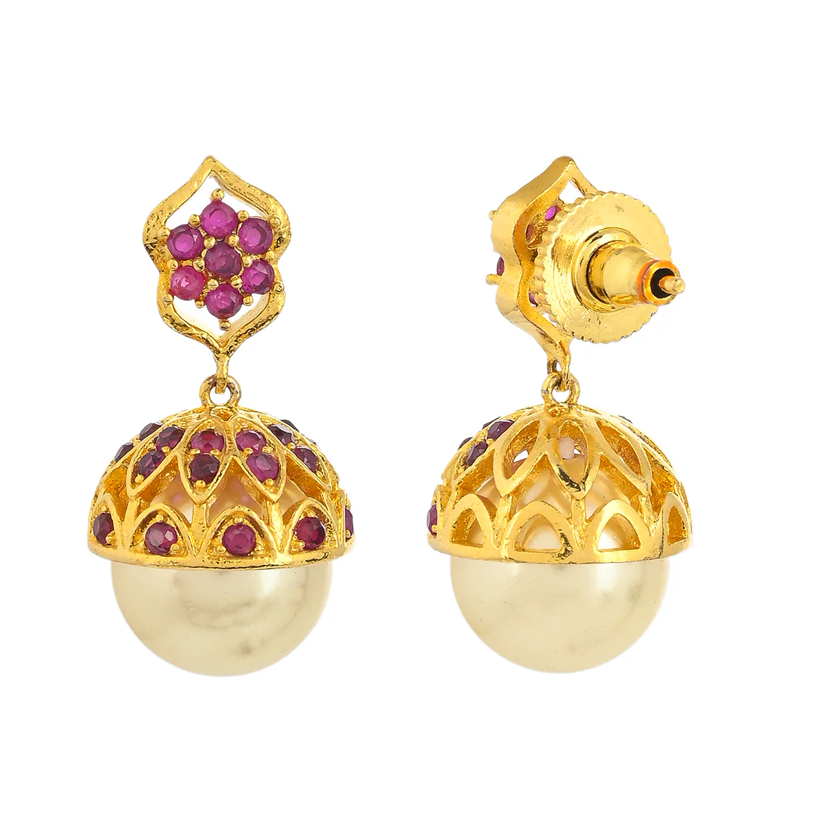 CZ Traditional Gold Plated Red Jhumka Earrings - Image 5