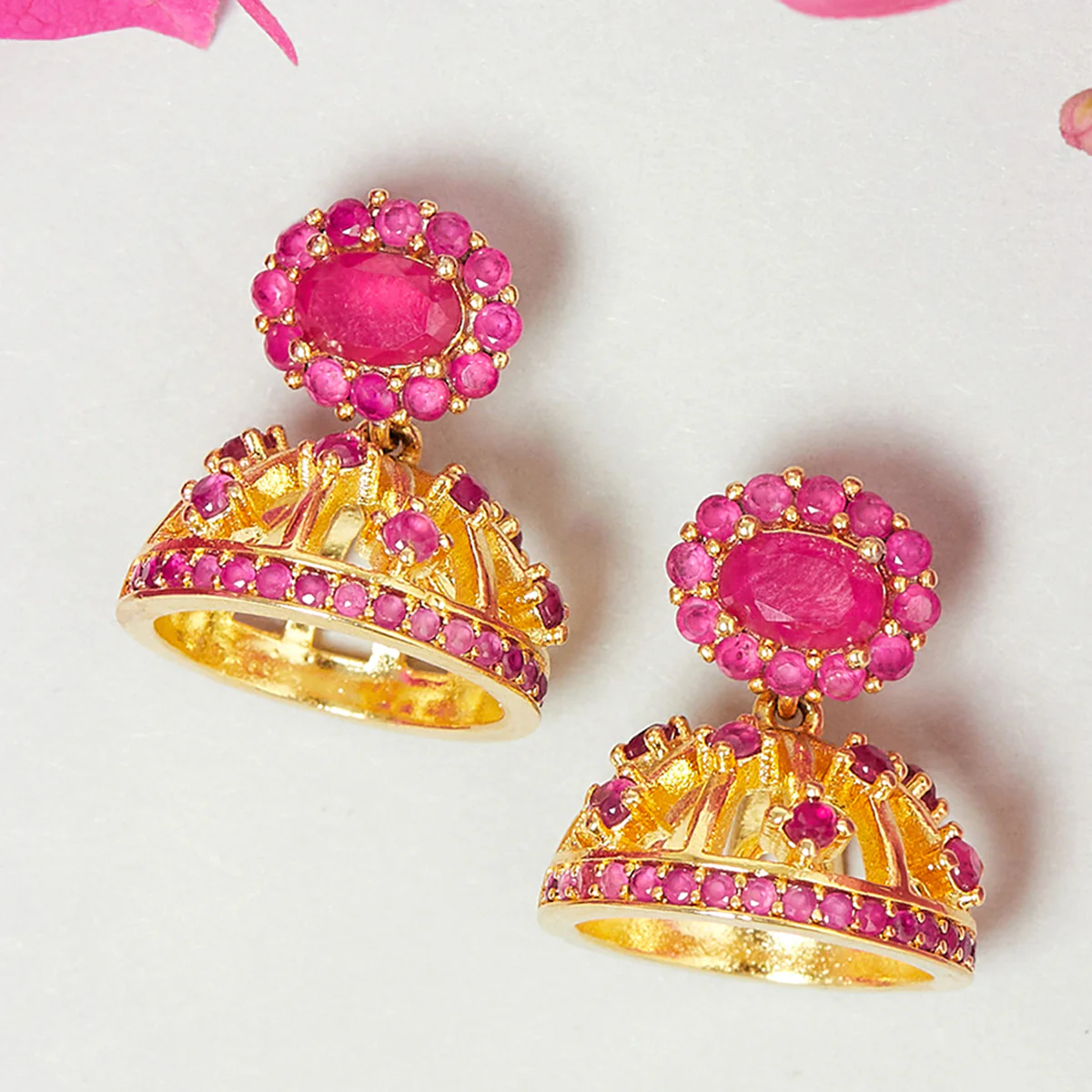 CZ Traditional Gold Plated Red Jhumka Earrings