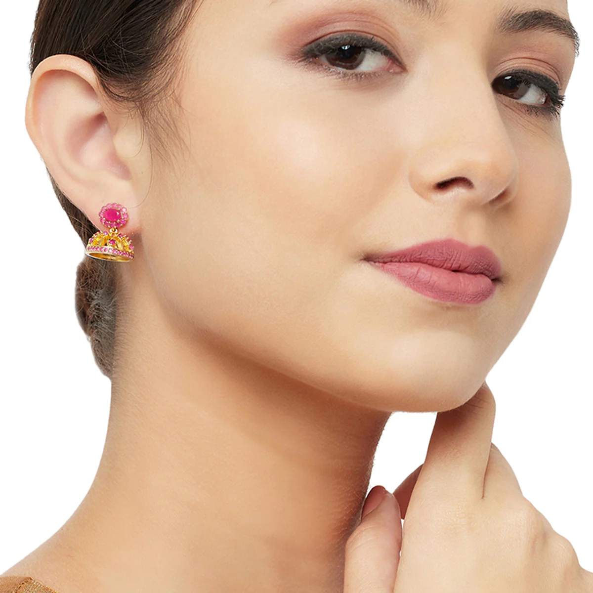CZ Traditional Gold Plated Red Jhumka Earrings - Image 2