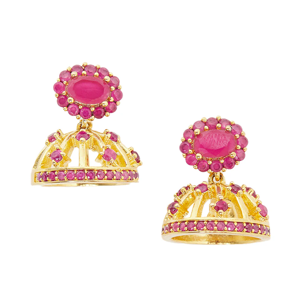 CZ Traditional Gold Plated Red Jhumka Earrings - Image 3