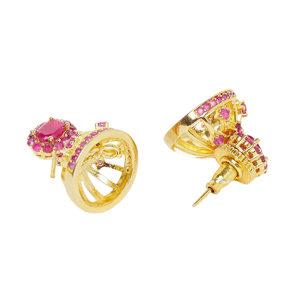 CZ Traditional Gold Plated Red Jhumka Earrings - Image 4
