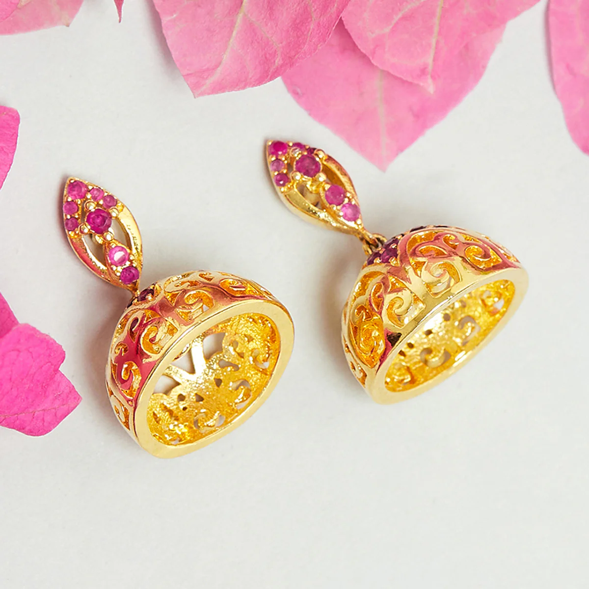 CZ Traditional Gold Plated Red Jhumka Earrings