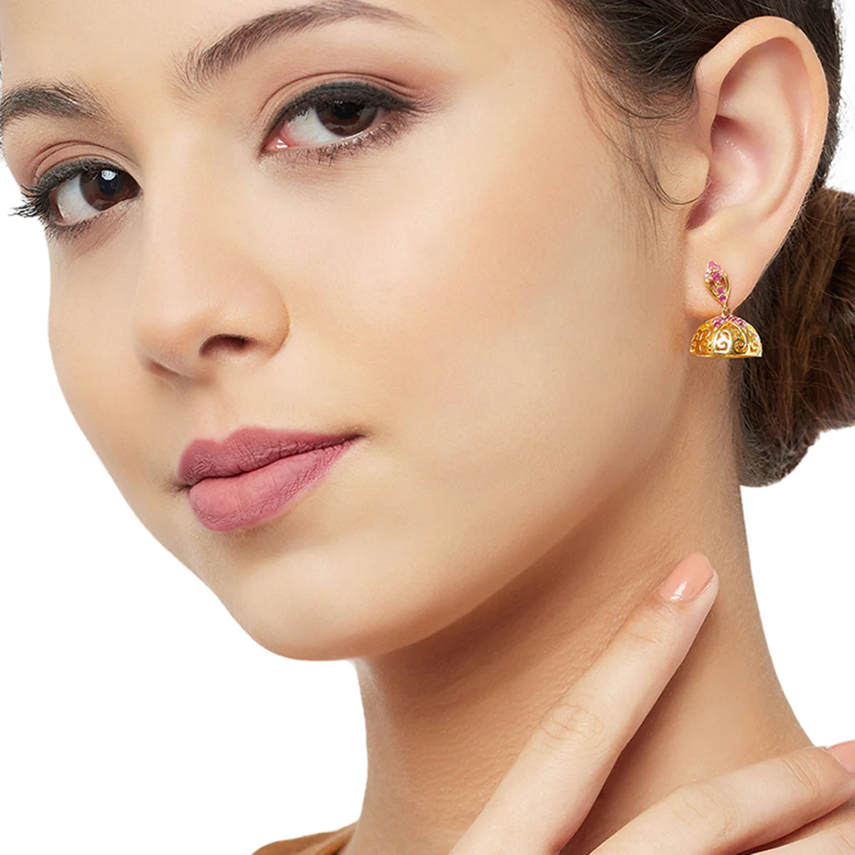 CZ Traditional Gold Plated Red Jhumka Earrings - Image 2