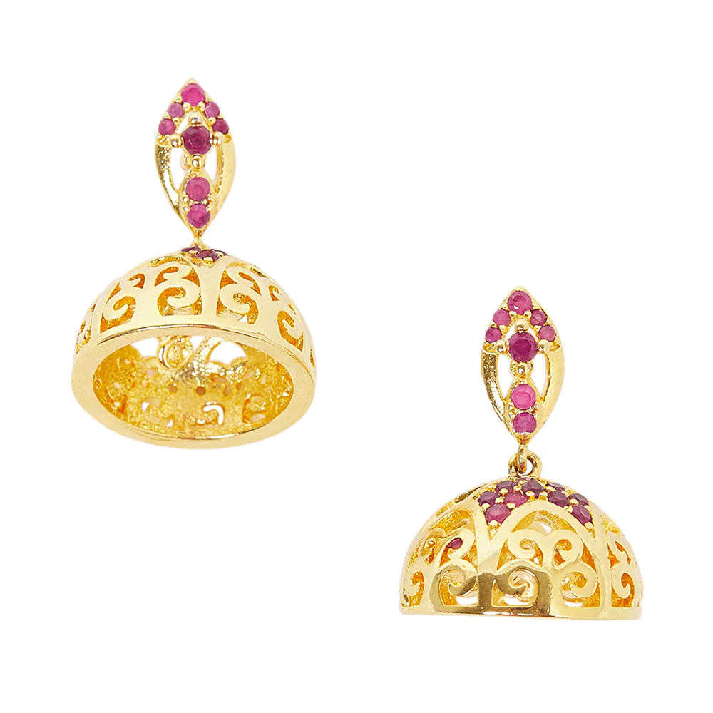 CZ Traditional Gold Plated Red Jhumka Earrings - Image 3