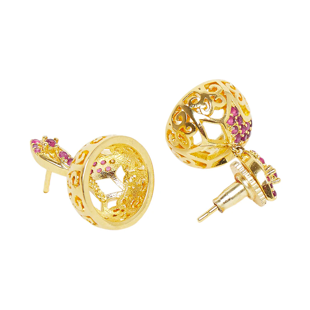 CZ Traditional Gold Plated Red Jhumka Earrings - Image 4