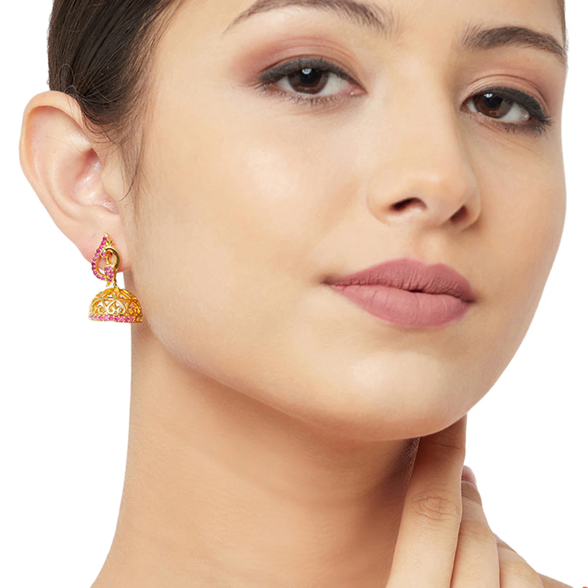 American Diamond CZ Traditional Gold Plated Red Brass Jhumka Earrings for Women - Image 2