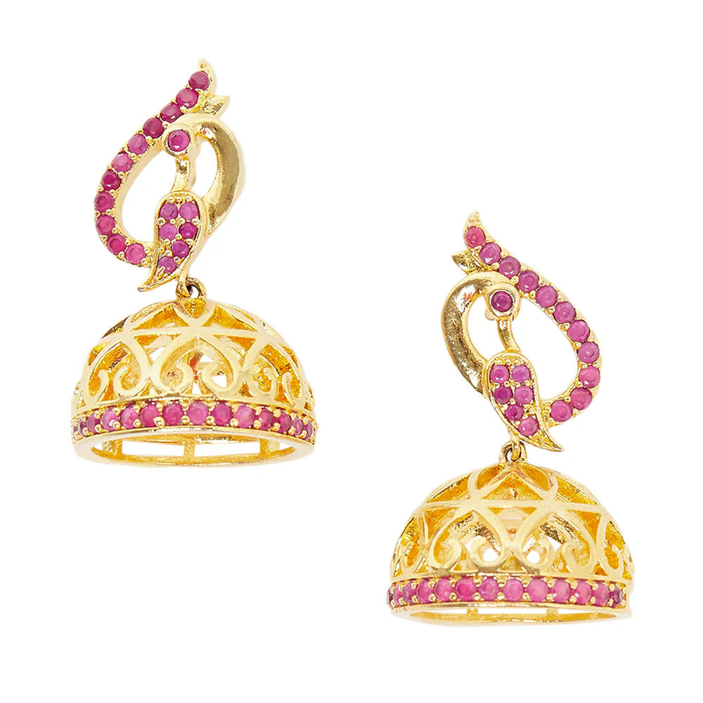 American Diamond CZ Traditional Gold Plated Red Brass Jhumka Earrings for Women - Image 3