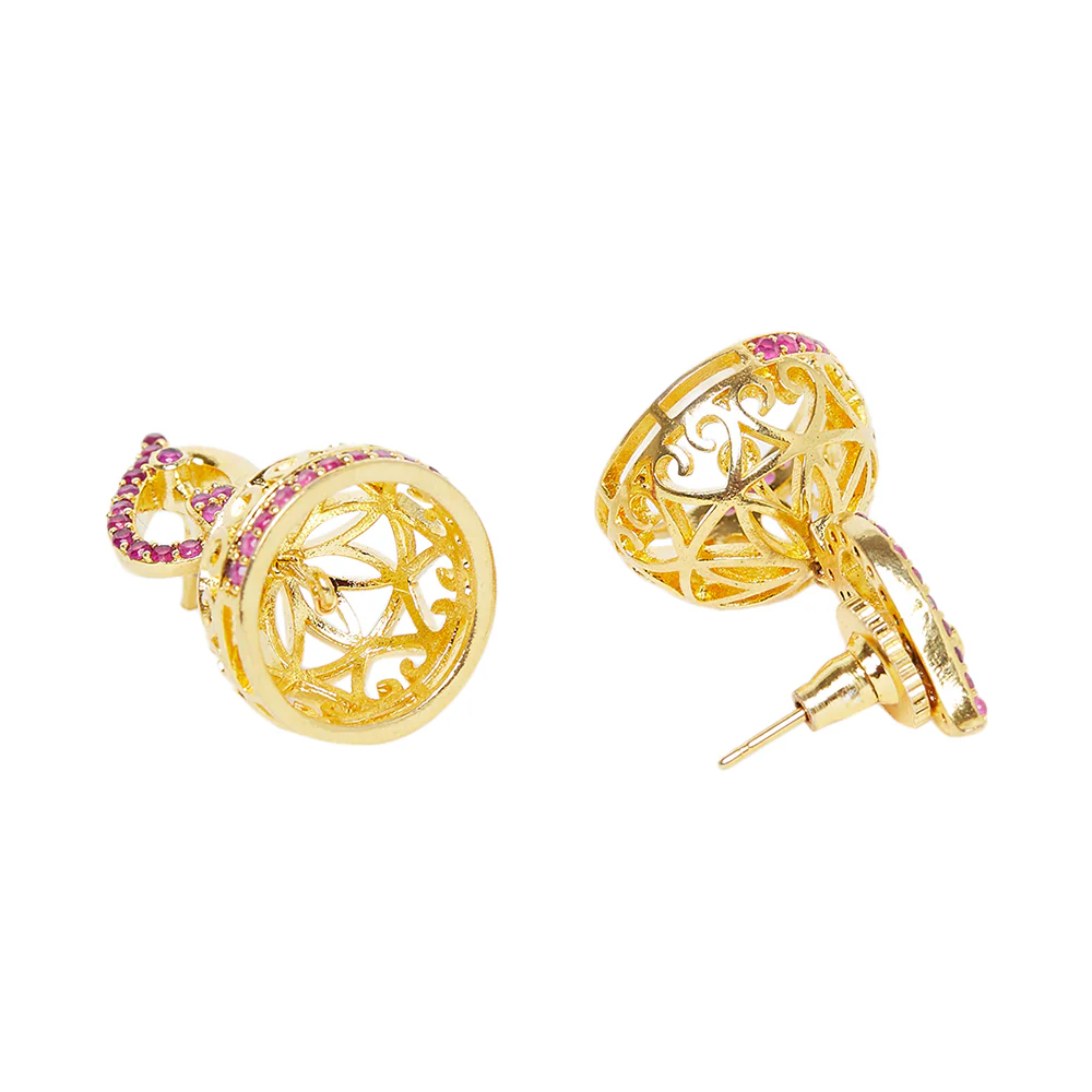 American Diamond CZ Traditional Gold Plated Red Brass Jhumka Earrings for Women - Image 4