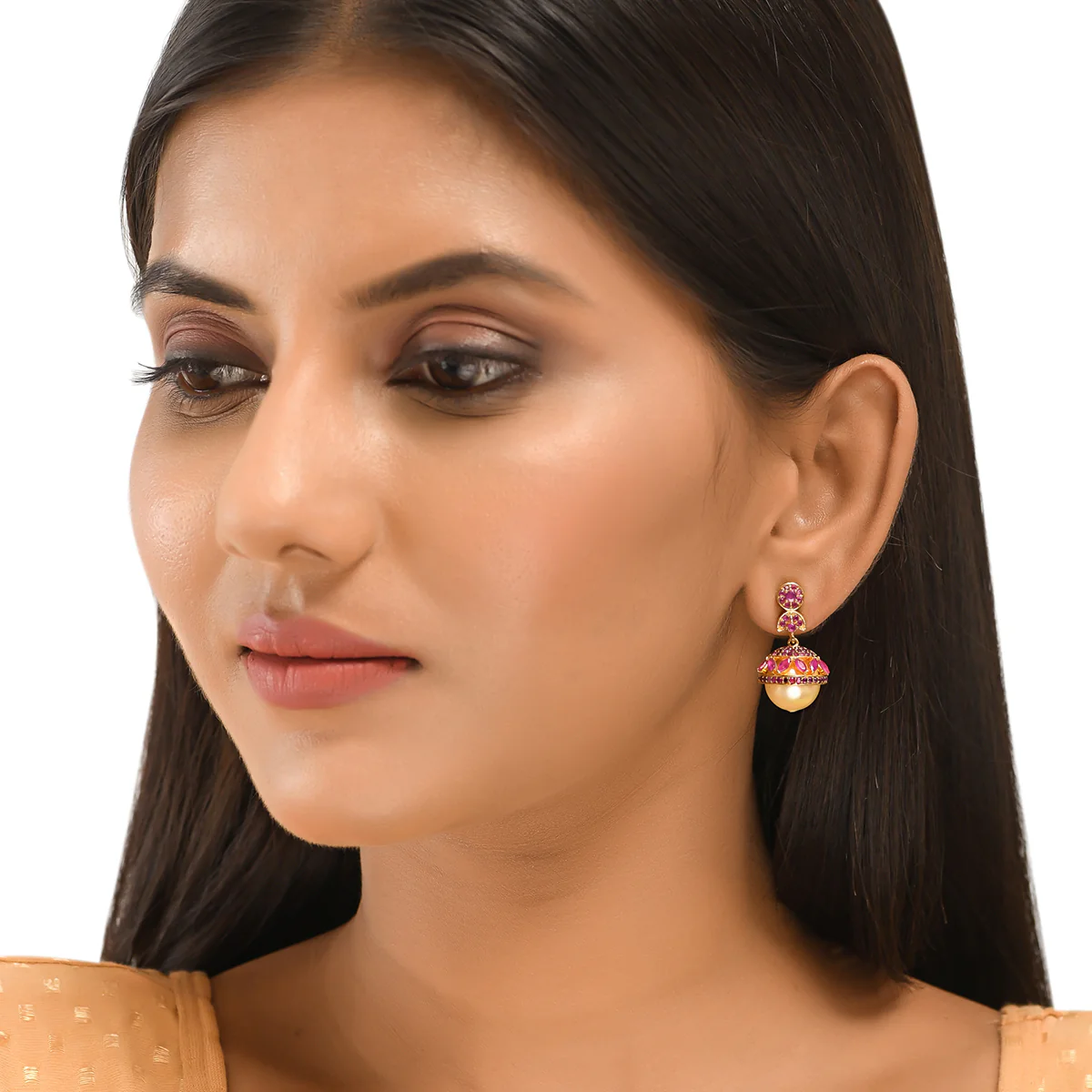 American Diamond CZ Traditional Gold Plated Red Brass Jhumka Earrings for Women - Image 2