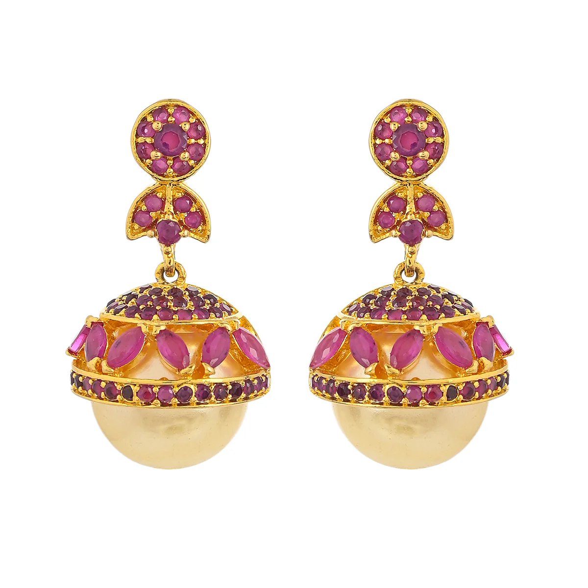 American Diamond CZ Traditional Gold Plated Red Brass Jhumka Earrings for Women - Image 3