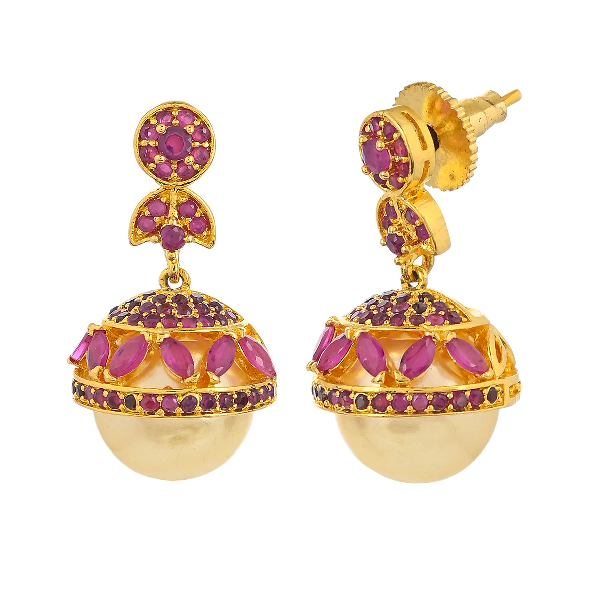 American Diamond CZ Traditional Gold Plated Red Brass Jhumka Earrings for Women - Image 4