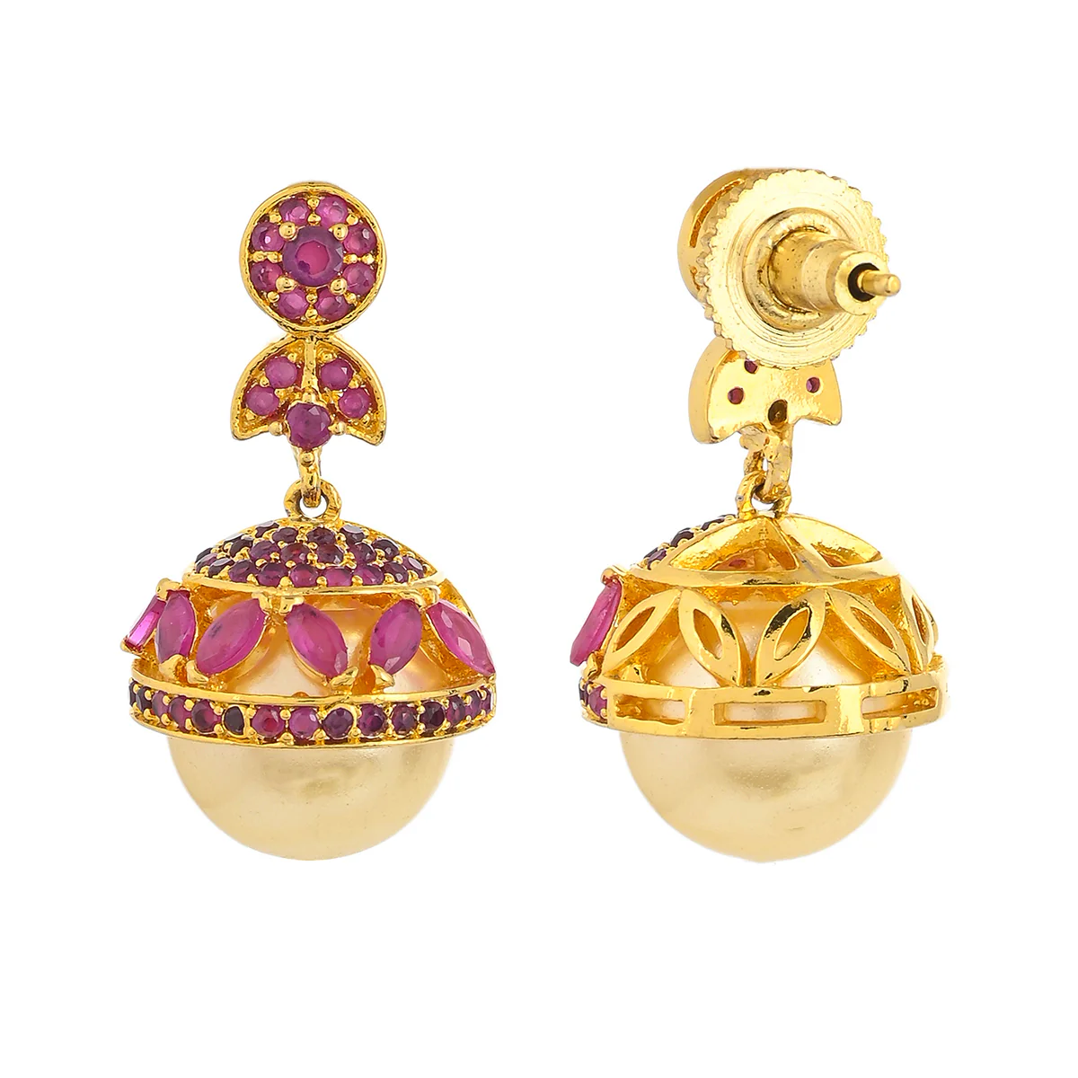 American Diamond CZ Traditional Gold Plated Red Brass Jhumka Earrings for Women - Image 5