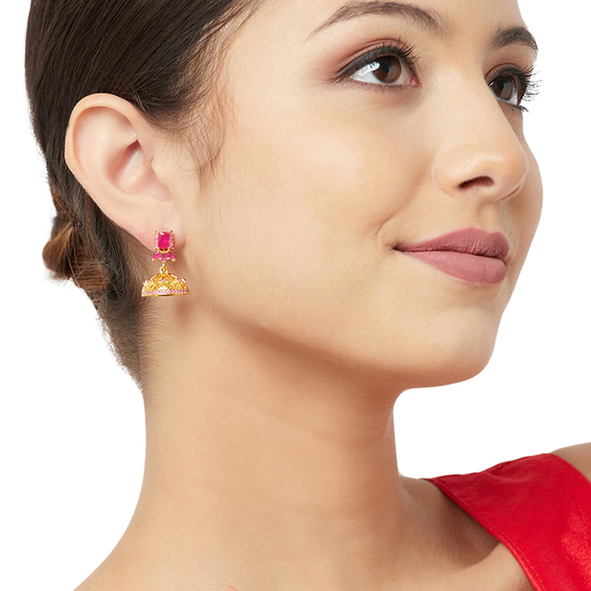 American Diamond CZ Traditional Gold Plated Red Brass Jhumka Earrings for Women - Image 2