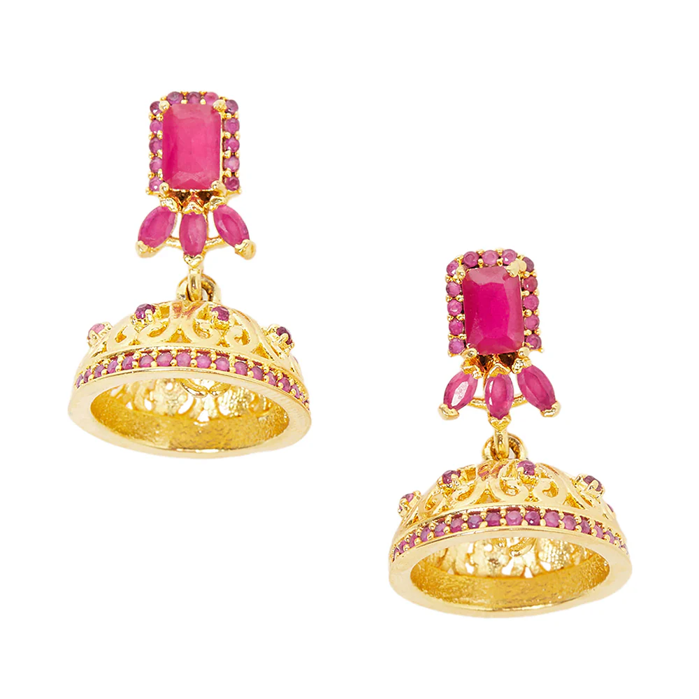 American Diamond CZ Traditional Gold Plated Red Brass Jhumka Earrings for Women - Image 3