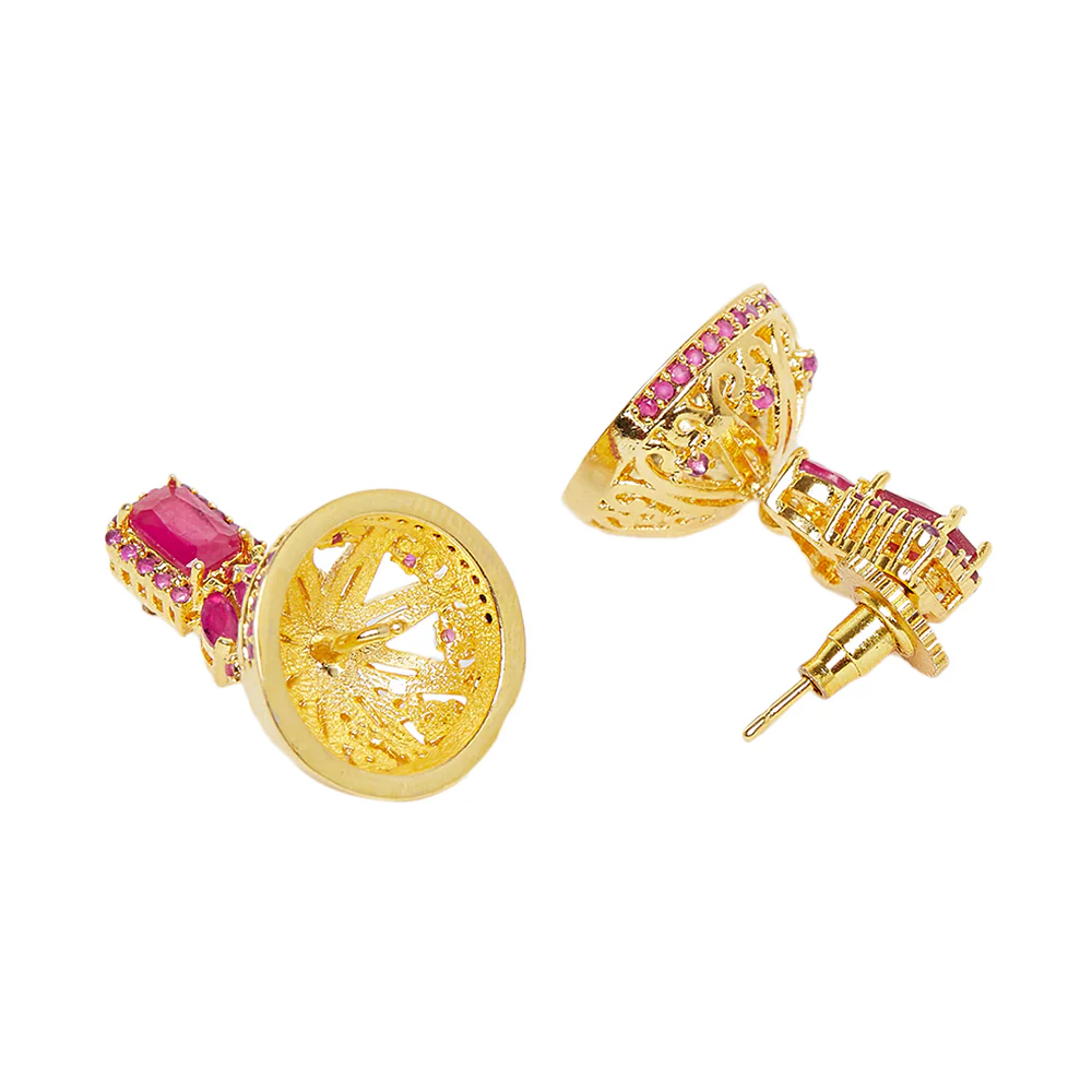 American Diamond CZ Traditional Gold Plated Red Brass Jhumka Earrings for Women - Image 4