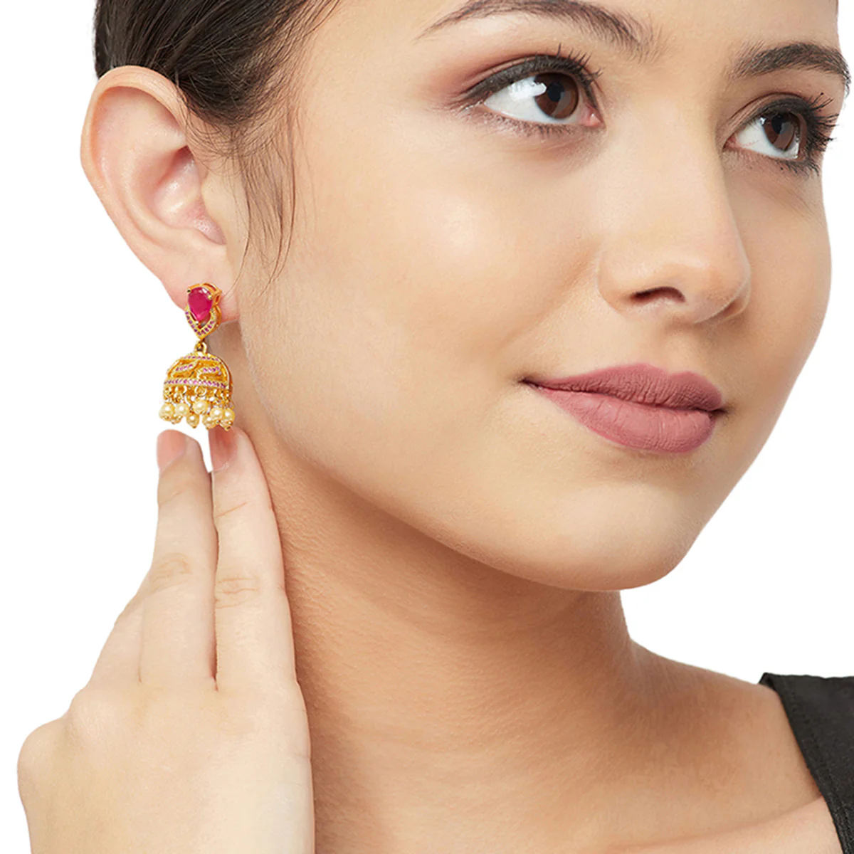 American Diamond CZ Traditional Gold Plated Red Brass Jhumka Earrings for Women - Image 2