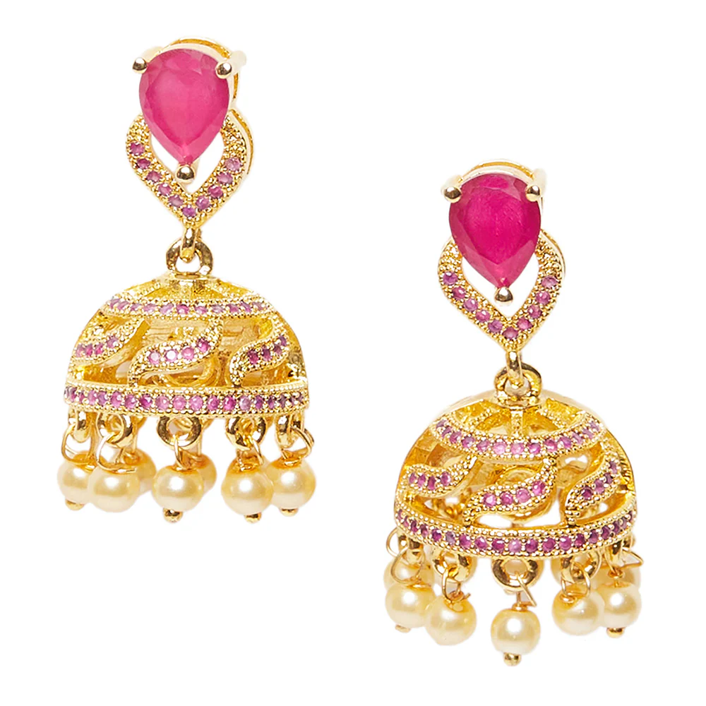 American Diamond CZ Traditional Gold Plated Red Brass Jhumka Earrings for Women - Image 3