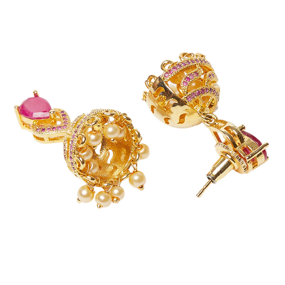 American Diamond CZ Traditional Gold Plated Red Brass Jhumka Earrings for Women - Image 4