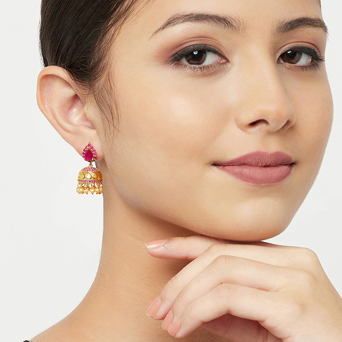American Diamond CZ Traditional Gold Plated Red Brass Jhumka Earrings for Women - Image 2