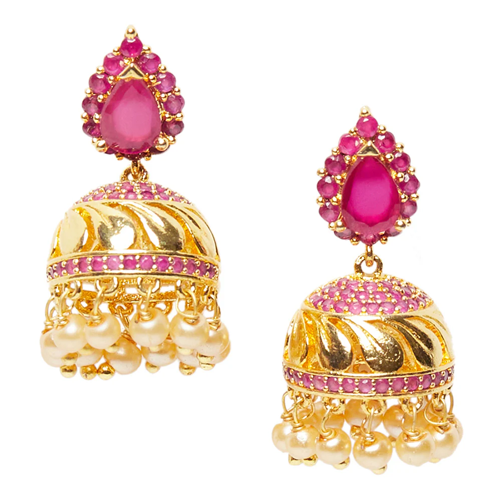 American Diamond CZ Traditional Gold Plated Red Brass Jhumka Earrings for Women - Image 3