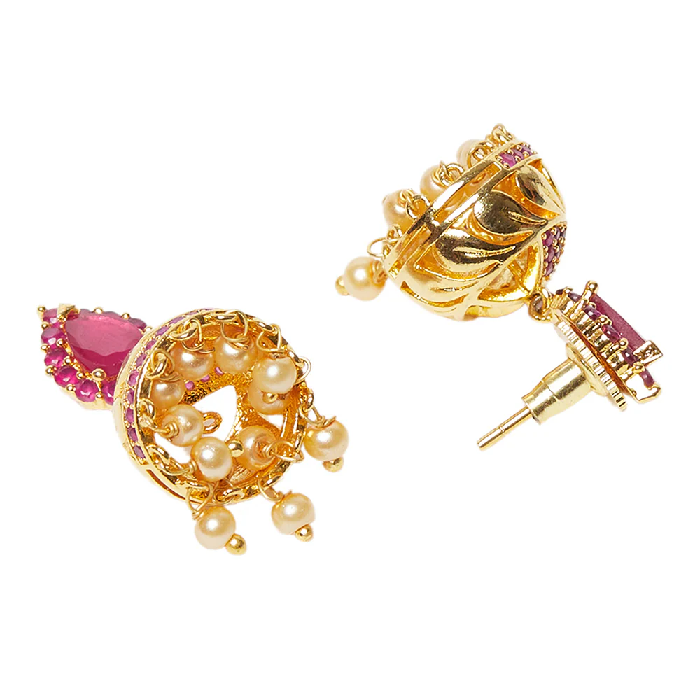 American Diamond CZ Traditional Gold Plated Red Brass Jhumka Earrings for Women - Image 4