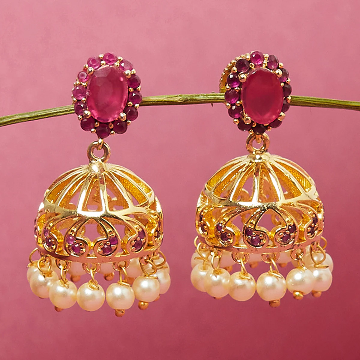 American Diamond CZ Traditional Gold Plated Red Brass Jhumka Earrings for Women