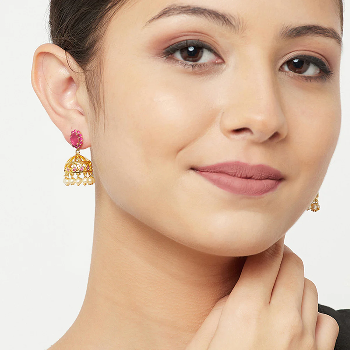 American Diamond CZ Traditional Gold Plated Red Brass Jhumka Earrings for Women - Image 2