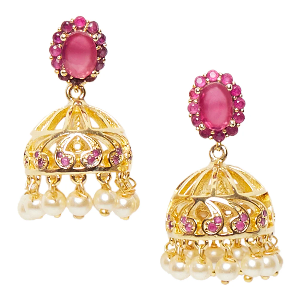 American Diamond CZ Traditional Gold Plated Red Brass Jhumka Earrings for Women - Image 3