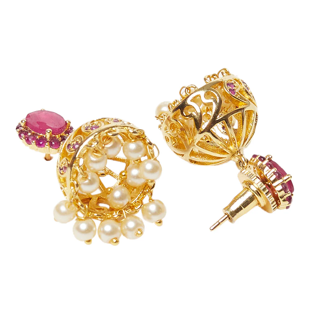 American Diamond CZ Traditional Gold Plated Red Brass Jhumka Earrings for Women - Image 4