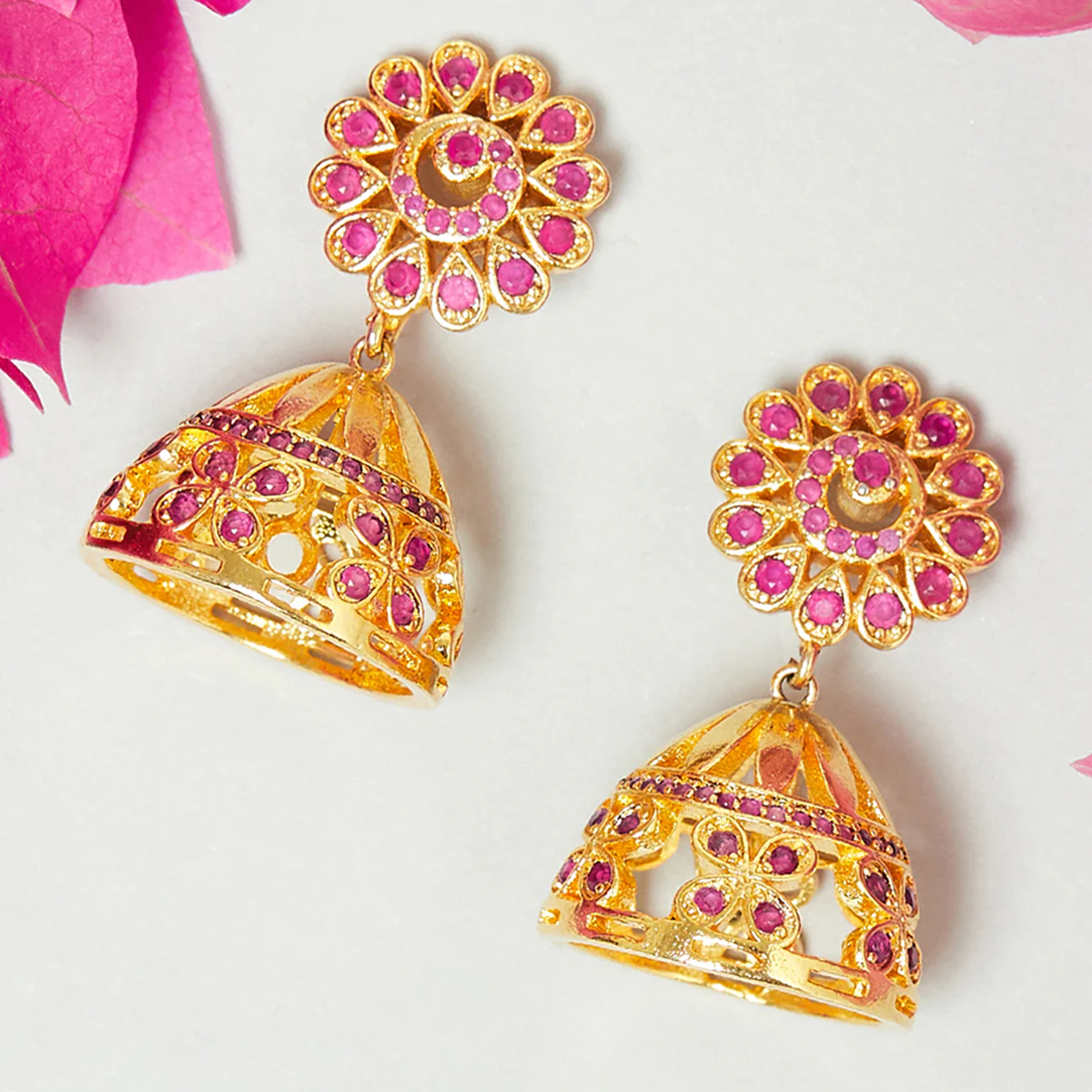 American Diamond CZ Traditional Gold Plated Red Brass Jhumka Earrings for Women