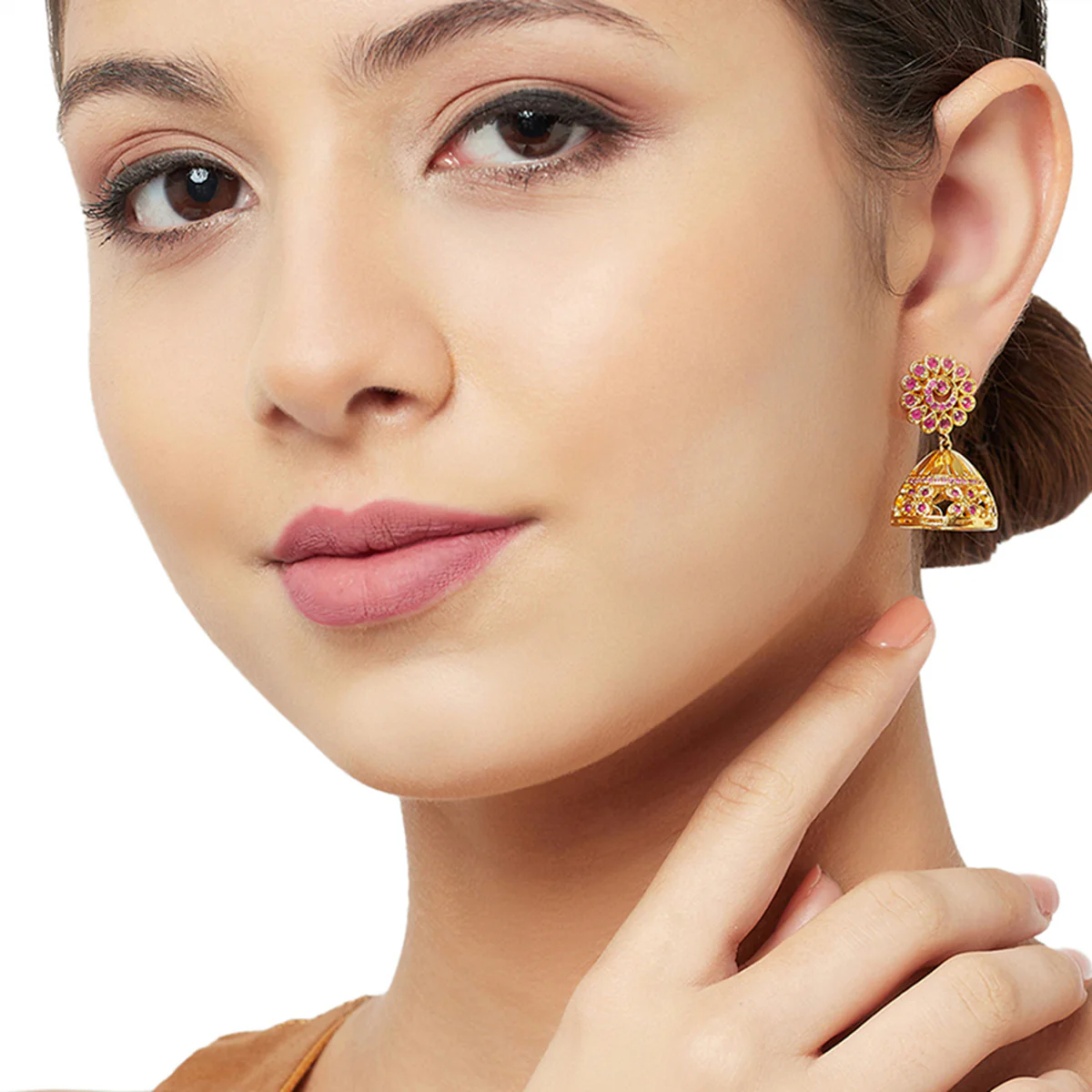 American Diamond CZ Traditional Gold Plated Red Brass Jhumka Earrings for Women - Image 2