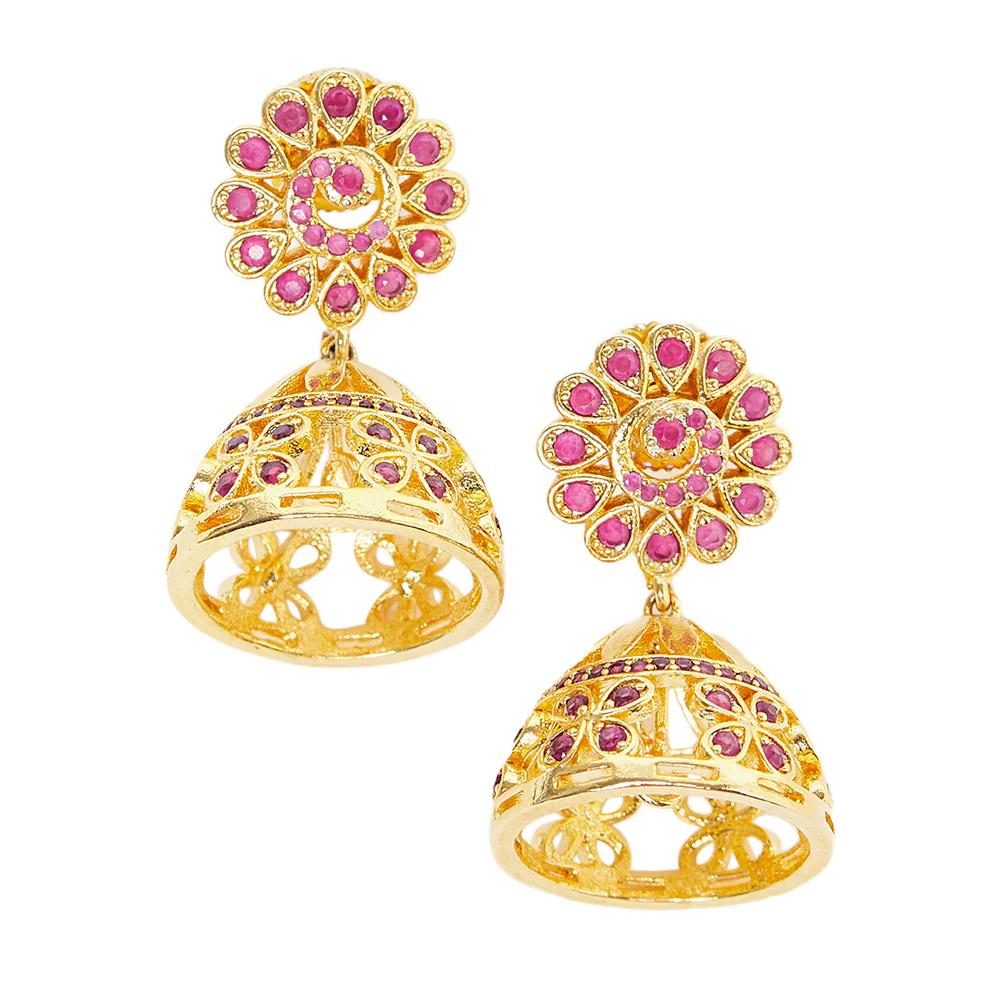 American Diamond CZ Traditional Gold Plated Red Brass Jhumka Earrings for Women - Image 3