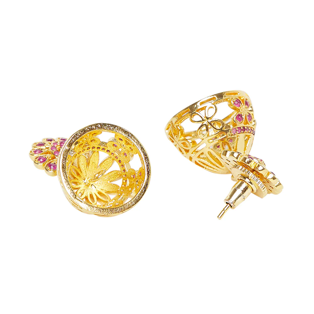 American Diamond CZ Traditional Gold Plated Red Brass Jhumka Earrings for Women - Image 4
